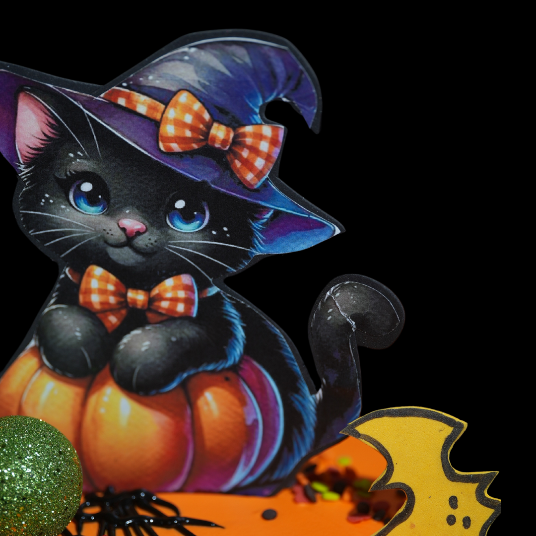 2024 Cute Black Kitten Sitting on Pumpkin Cake