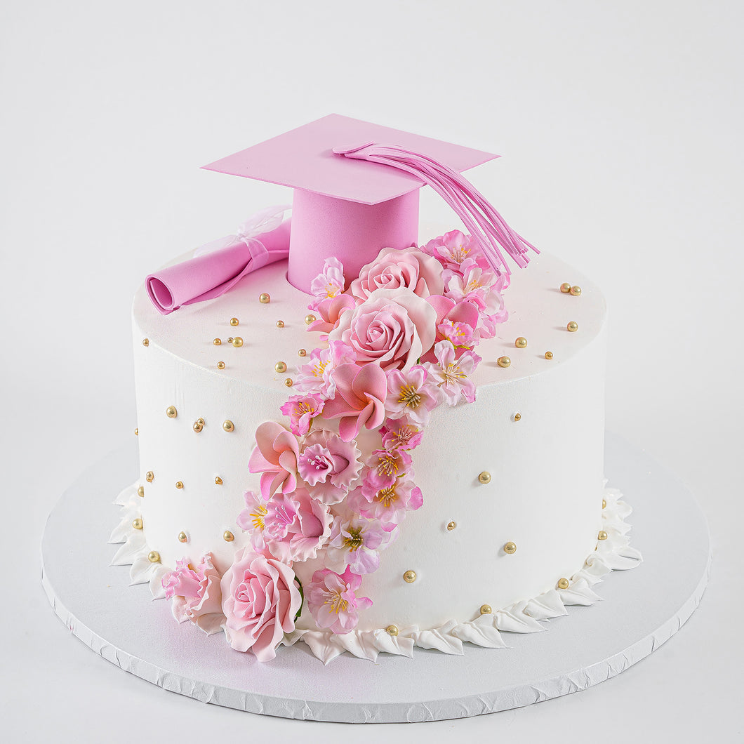 Pink Grad Hat and Diploma Cake