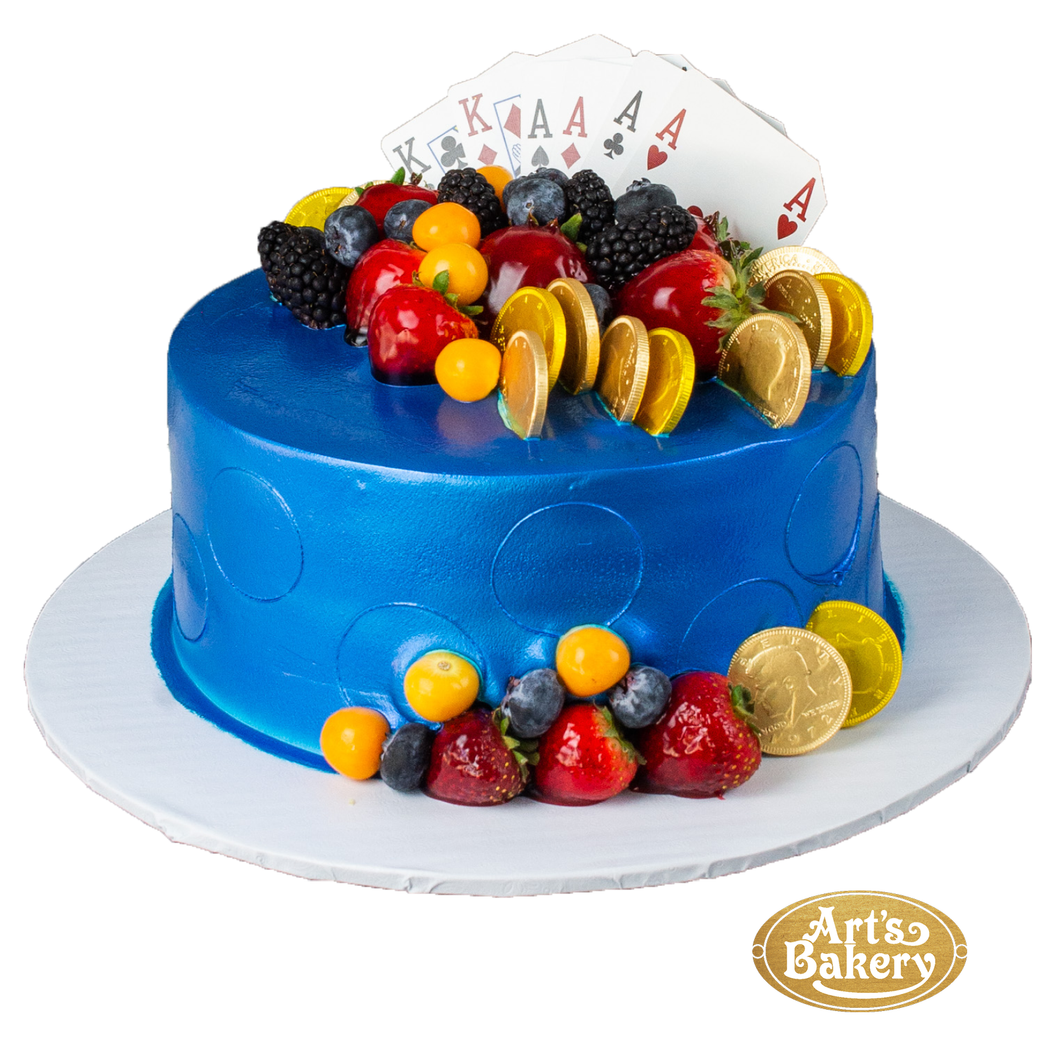 Blue Cake With Gold Coins And Berries 207