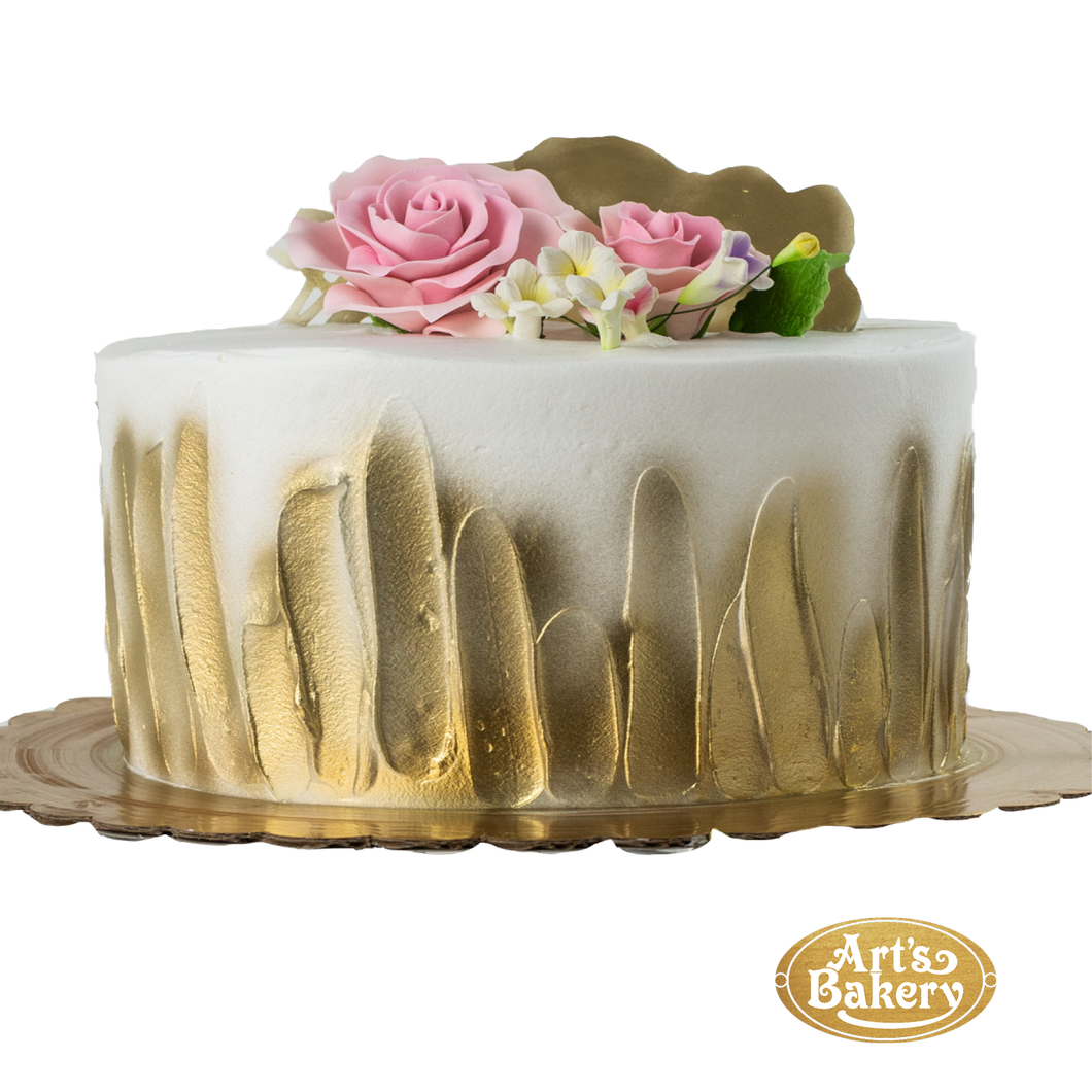 White and Gold cake with pink roses 309