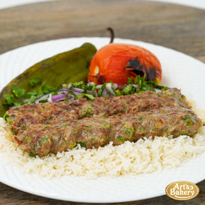 Arts Bakery Glendale Jalapeno & Cheese Infused Beef Lulah Kabob Ground Beef Plate Includes Rice Pilaf & Two Sides